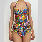 Contrast flower pattern print padded halter self tie bikini swimwear